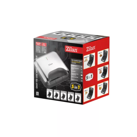 Zilan ZLN3932 5 in 1 szendvicssütő, 800 W, LED visszajelző, 5 cserélhető sütőlap, fekete-ezüst kivitel Zilan ZLN3932 5 in 1 szendvicssütő, 800 W, LED visszajelző, 5 cserélhető sütőlap, fekete-ezüst kivitel