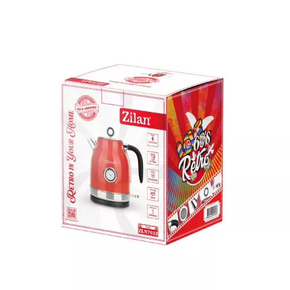 Zilan ZLN7033 retró vízforraló, 2200 W, 1,7 liter, hőmérsékletkijelzés, 360°-ban forgatható, piros Zilan ZLN7033 retró vízforraló, 2200 W, 1,7 liter, hőmérsékletkijelzés, 360°-ban forgatható, piros