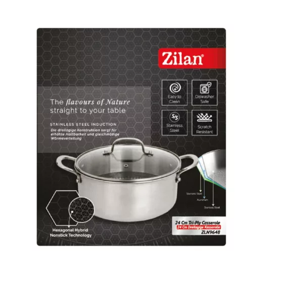Zilan ZLN9648 Hexachef lábas fedővel, 24 cm, 4,3 liter, 3 rétegű, hatszögletű hibrid tapadásmentes belső Zilan ZLN9648 Hexachef lábas fedővel, 24 cm, 4,3 liter, 3 rétegű, hatszögletű hibrid tapadásmentes belső